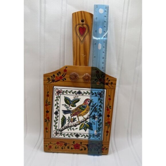 Colorful Floral Bird Ceramic Tile Wood Cutting Board, Hanging Hand Painted Trim! - Picture 7 of 8